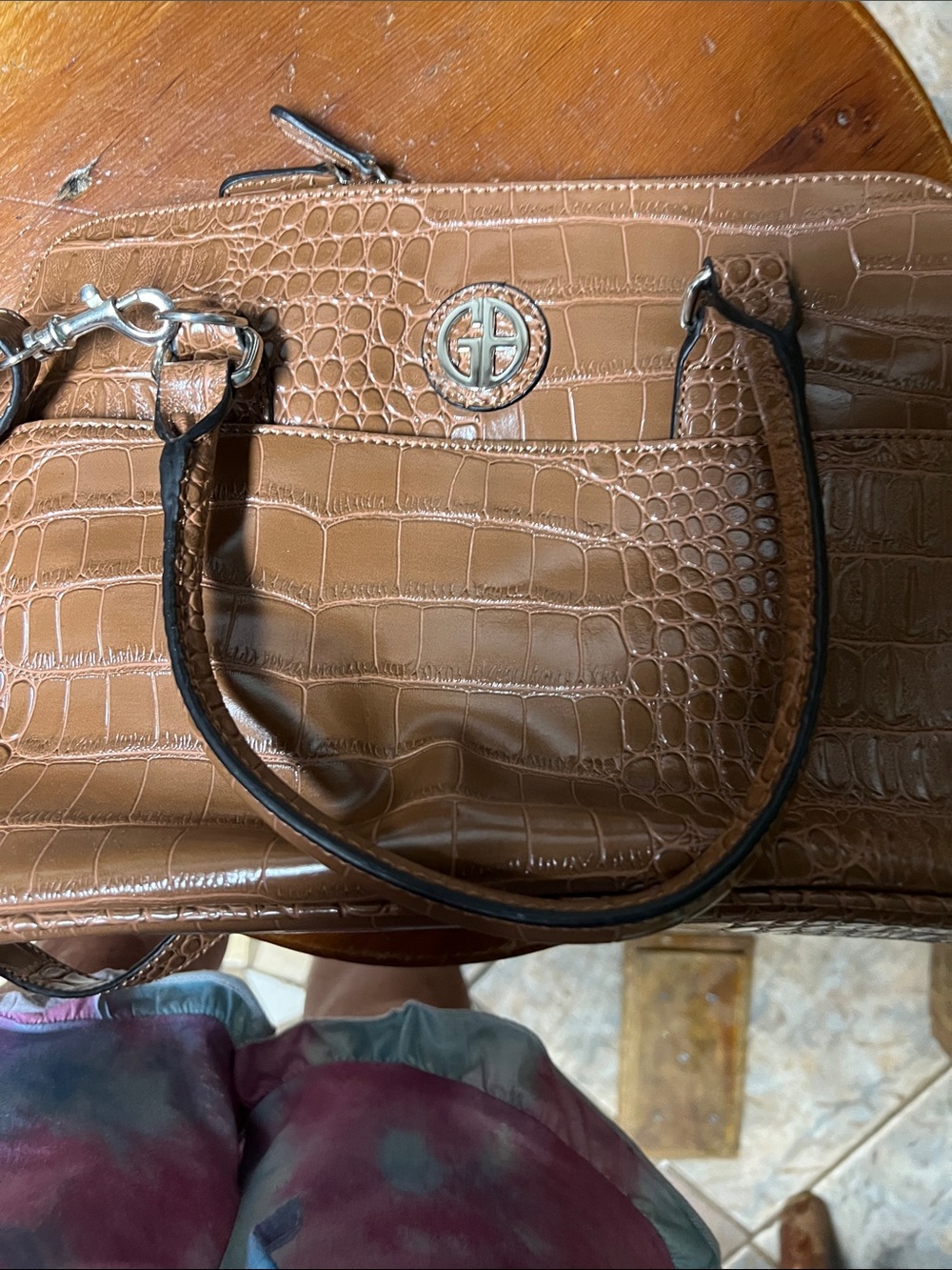 Giani Bernini Tan Croc-Embossed Satchel with Silver Logo Accent